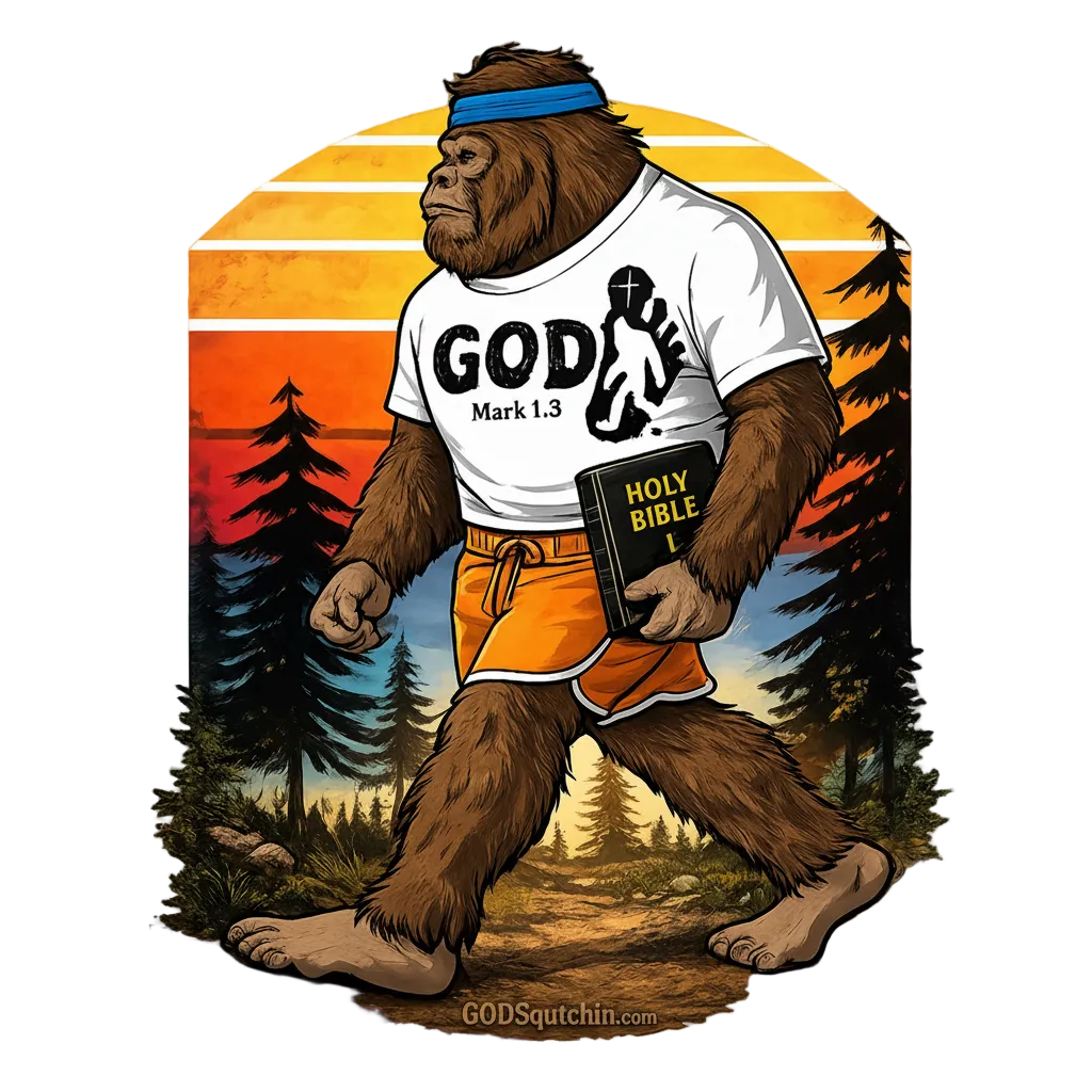 T-shirt design featuring a bold, retro-style illustration of a Bigfoot walking through a forest at sunset, wearing a “GOD – Mark 1:3” shirt and holding a Holy Bible, with “GODSquatchin.com” subtly printed at the bottom of the design.Illustration of a Sasquatch wearing a t-shirt with 'GOD' text, holding a Bible, against a sunset forest background.