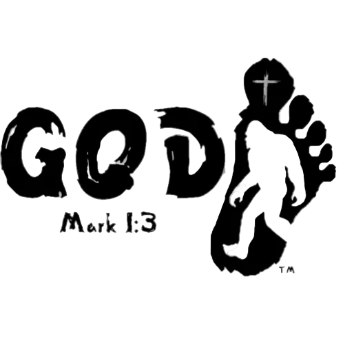 God, MARK 1:3, Foot print with a Bigfoot silhouette in the middle with a cross on the big toe