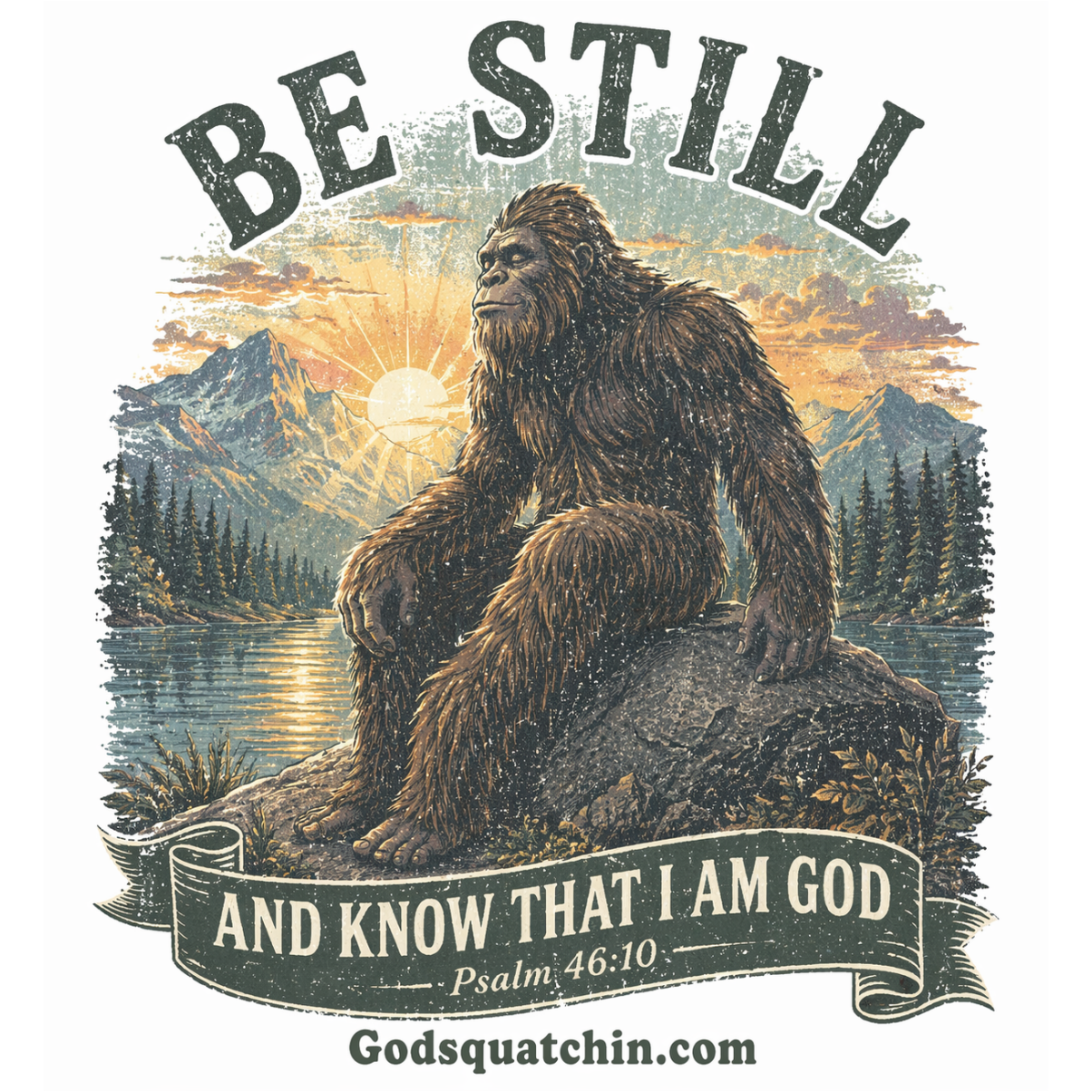 T-shirt design featuring a vintage-style graphic of Bigfoot sitting calmly on a rock beside a mountain lake at sunrise, surrounded by pine trees and mountains, with the text “Be Still and Know That I Am God – Psalm 46:10”
