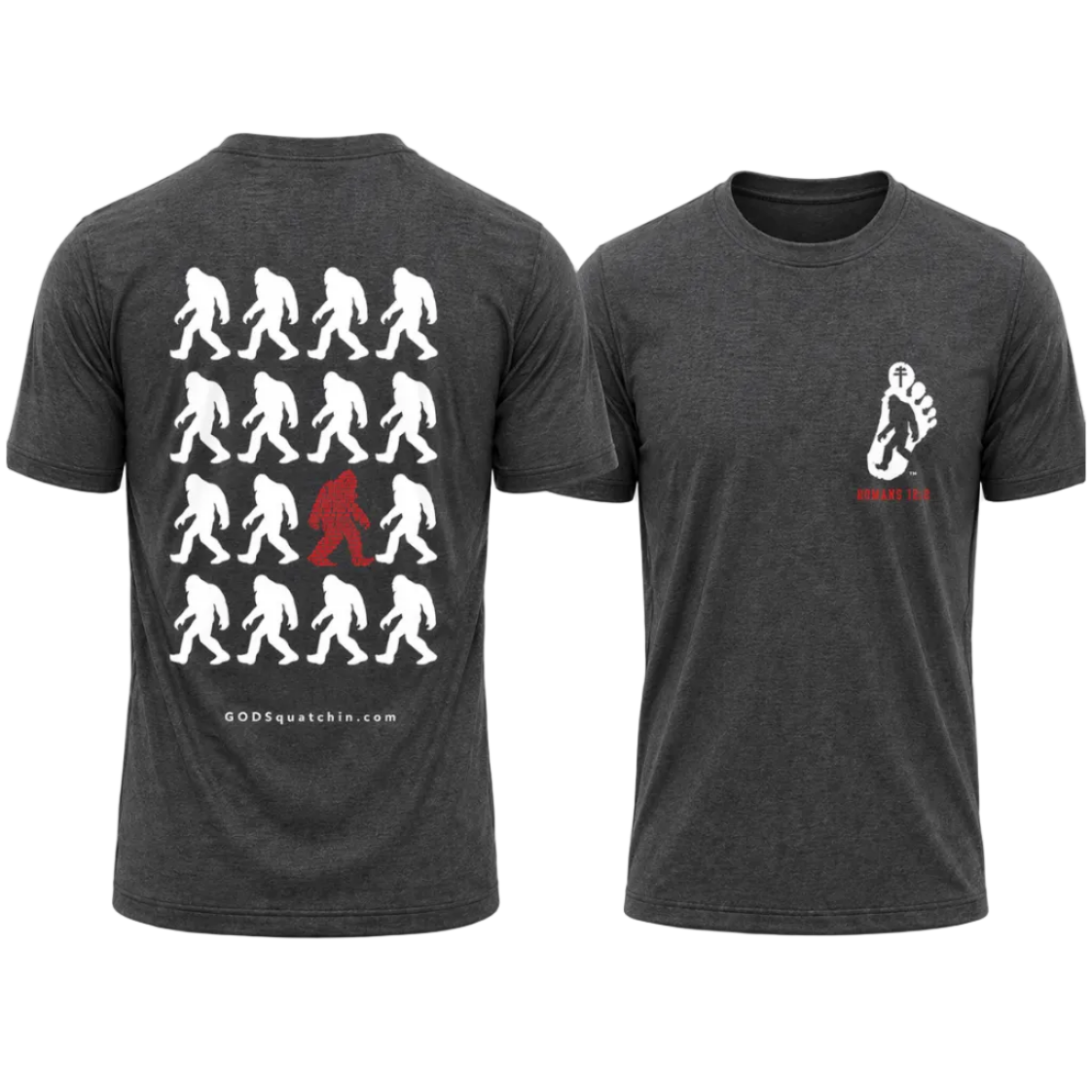 Dark heater grey short-sleeve t-shirt featuring a bold GODSquatchin design. The back displays a grid of walking Bigfoot silhouettes in white, with one standout red figure formed from scripture text (Romans 12:2), and “GODSquatchin.com” printed subtly along the bottom. The front left chest features a small footprint logo with a Bigfoot silhouette and cross, with “ROMANS 12:2” in red beneath it. Clean, high-contrast design suitable for faith-based and outdoor lifestyle apparel.