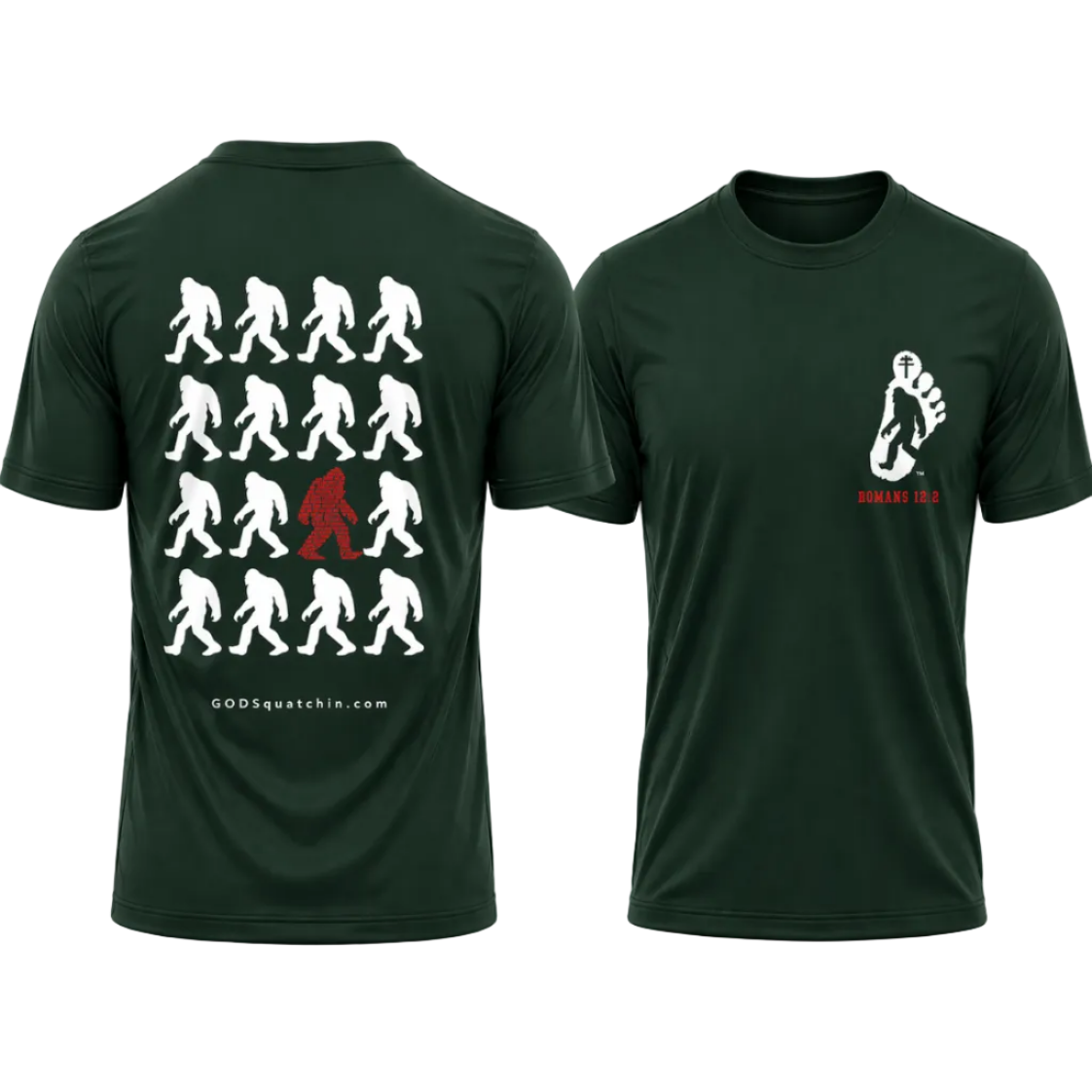 Forest green short-sleeve t-shirt featuring a bold GODSquatchin design. The back displays a grid of walking Bigfoot silhouettes in white, with one standout red figure formed from scripture text (Romans 12:2), and “GODSquatchin.com” printed subtly along the bottom. The front left chest features a small footprint logo with a Bigfoot silhouette and cross, with “ROMANS 12:2” in red beneath it. Clean, high-contrast design suitable for faith-based and outdoor lifestyle apparel.