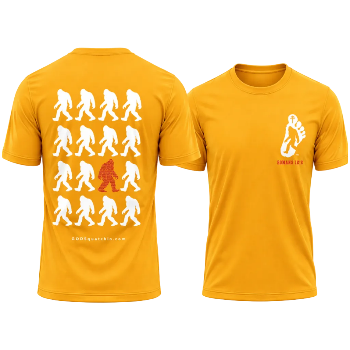 Gold short-sleeve t-shirt featuring a bold GODSquatchin design. The back displays a grid of walking Bigfoot silhouettes in white, with one standout red figure formed from scripture text (Romans 12:2), and “GODSquatchin.com” printed subtly along the bottom. The front left chest features a small footprint logo with a Bigfoot silhouette and cross, with “ROMANS 12:2” in red beneath it. Clean, high-contrast design suitable for faith-based and outdoor lifestyle apparel.