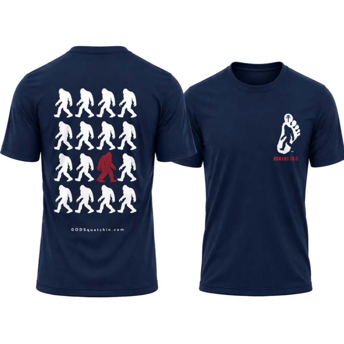 Navy short-sleeve t-shirt featuring a bold GODSquatchin design. The back displays a grid of walking Bigfoot silhouettes in white, with one standout red figure formed from scripture text (Romans 12:2), and “GODSquatchin.com” printed subtly along the bottom. The front left chest features a small footprint logo with a Bigfoot silhouette and cross, with “ROMANS 12:2” in red beneath it. Clean, high-contrast design suitable for faith-based and outdoor lifestyle apparel.