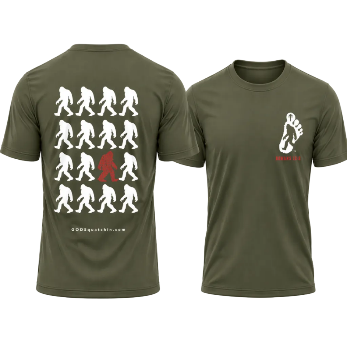 Olive Green short-sleeve t-shirt featuring a bold GODSquatchin design. The back displays a grid of walking Bigfoot silhouettes in white, with one standout red figure formed from scripture text (Romans 12:2), and “GODSquatchin.com” printed subtly along the bottom. The front left chest features a small footprint logo with a Bigfoot silhouette and cross, with “ROMANS 12:2” in red beneath it. Clean, high-contrast design suitable for faith-based and outdoor lifestyle apparel.