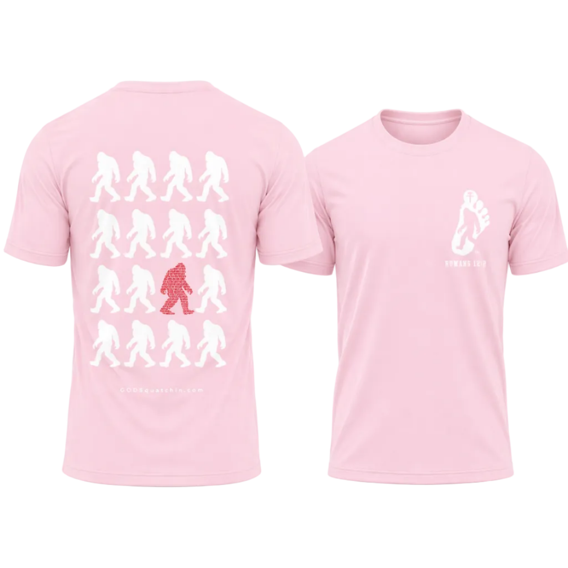 Pink short-sleeve t-shirt featuring a bold GODSquatchin design. The back displays a grid of walking Bigfoot silhouettes in white, with one standout red figure formed from scripture text (Romans 12:2), and “GODSquatchin.com” printed subtly along the bottom. The front left chest features a small footprint logo with a Bigfoot silhouette and cross, with “ROMANS 12:2” in red beneath it. Clean, high-contrast design suitable for faith-based and outdoor lifestyle apparel.
