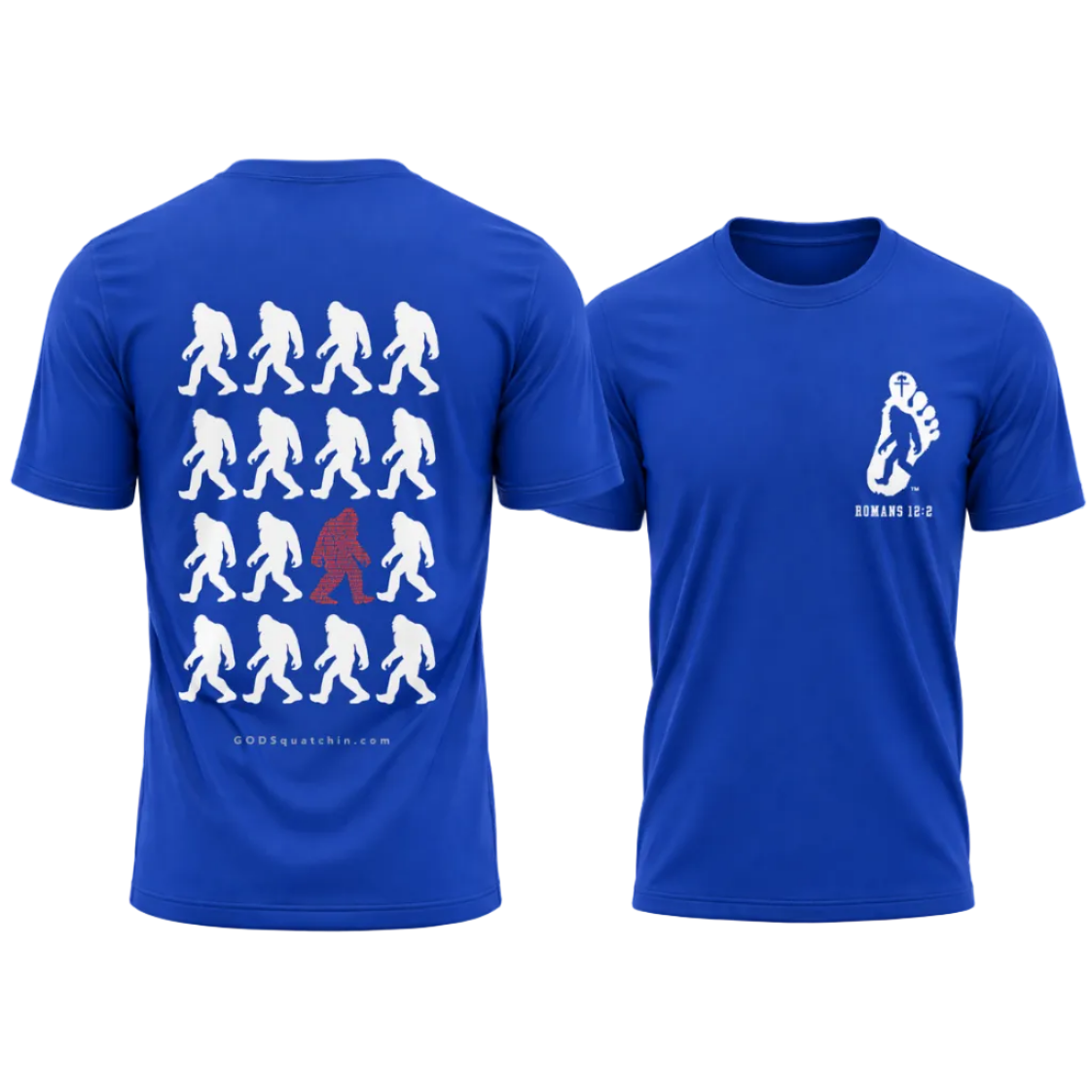 Blue short-sleeve t-shirt featuring a bold GODSquatchin design. The back displays a grid of walking Bigfoot silhouettes in white, with one standout red figure formed from scripture text (Romans 12:2), and “GODSquatchin.com” printed subtly along the bottom. The front left chest features a small footprint logo with a Bigfoot silhouette and cross, with “ROMANS 12:2” in red beneath it. Clean, high-contrast design suitable for faith-based and outdoor lifestyle apparel.