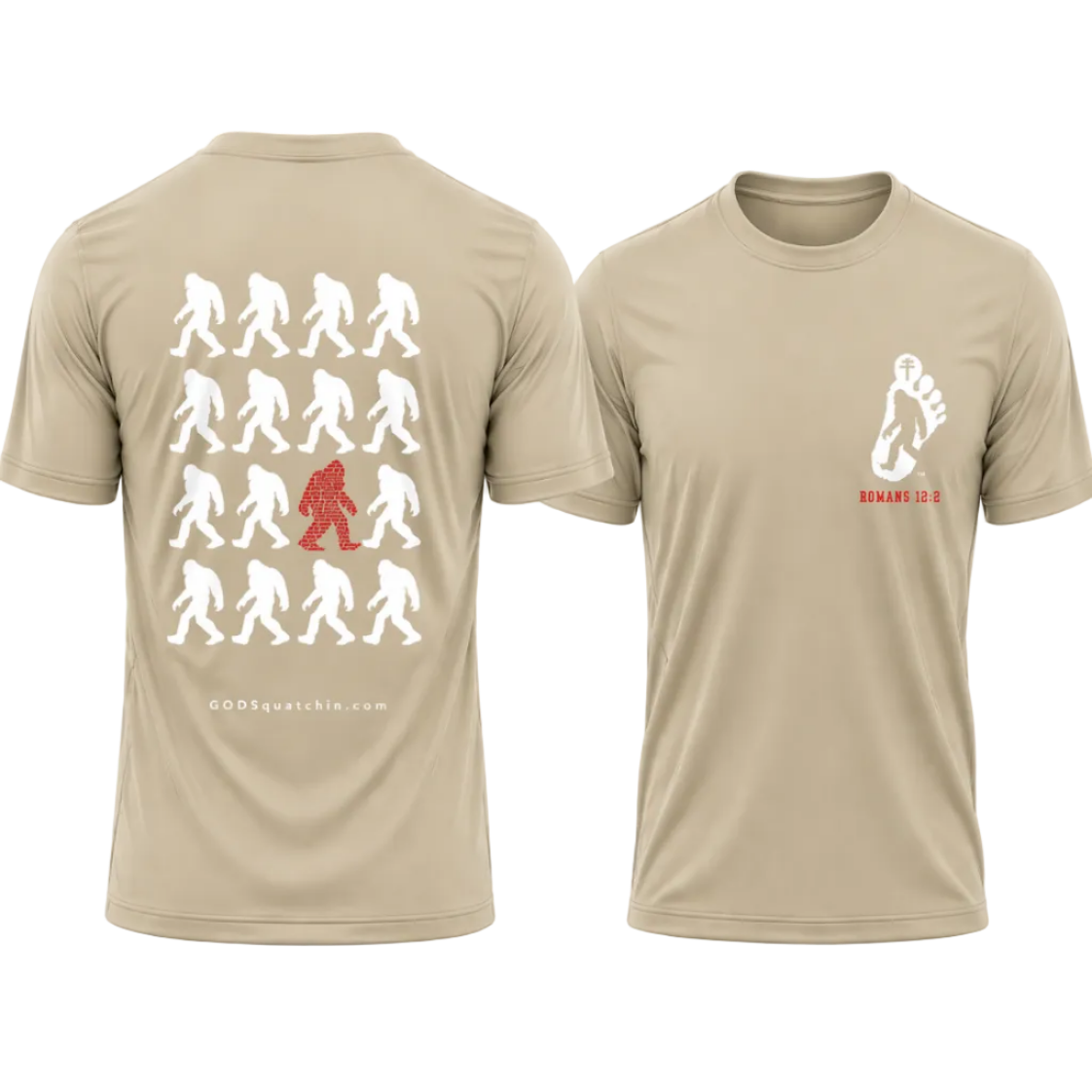 Sand colored short-sleeve t-shirt featuring a bold GODSquatchin design. The back displays a grid of walking Bigfoot silhouettes in white, with one standout red figure formed from scripture text (Romans 12:2), and “GODSquatchin.com” printed subtly along the bottom. The front left chest features a small footprint logo with a Bigfoot silhouette and cross, with “ROMANS 12:2” in red beneath it. Clean, high-contrast design suitable for faith-based and outdoor lifestyle apparel.